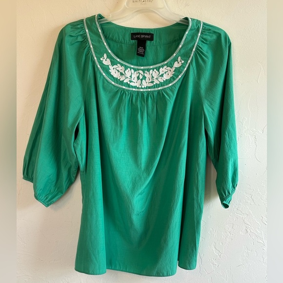 Lane Bryant Kelly Green & White Embroidered Puff Sleeve Boho Blouse Sz 18/20 - Picture 1 of 11